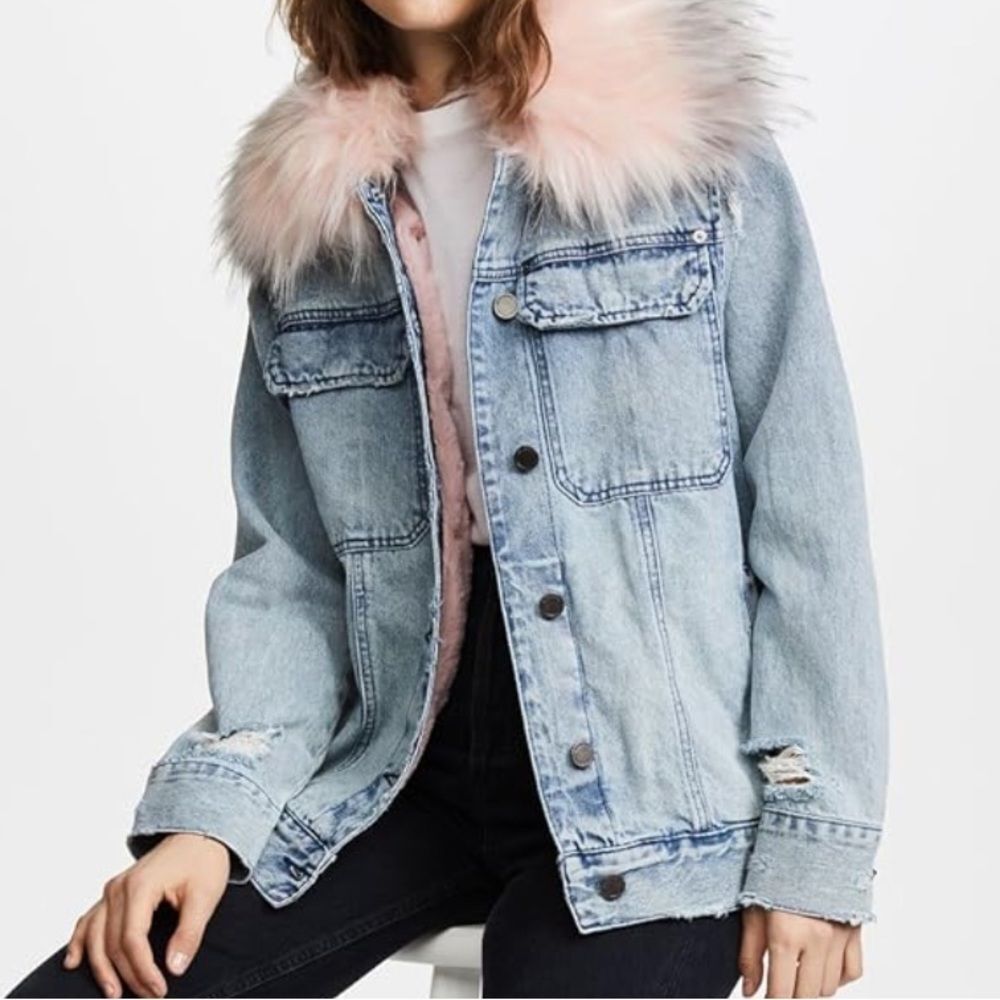 Blank NYC Pink Faux Fur Collar/Lined Snowflake Denim Jacket, Size XS - Picture 16 of 16